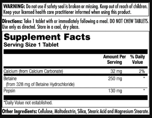 Betaine HCl Plus 250mg - 100 tabs 23522 фото