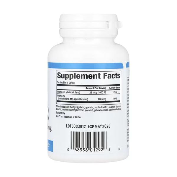 Vitamin D3 & K2 25 mcg (1000 IU) & 120 mcg - 120 softgels 31720 фото
